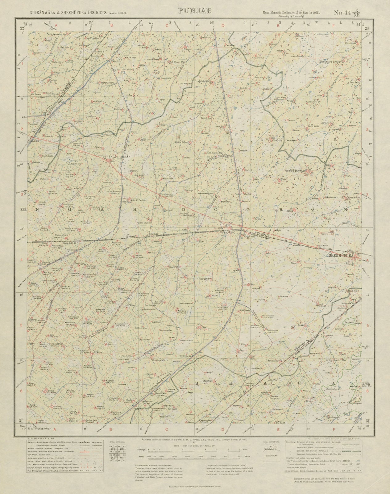 SURVEY OF INDIA 44 E/NE Pakistan Punjab Shekhupura Kangah Dogran 1921 old map